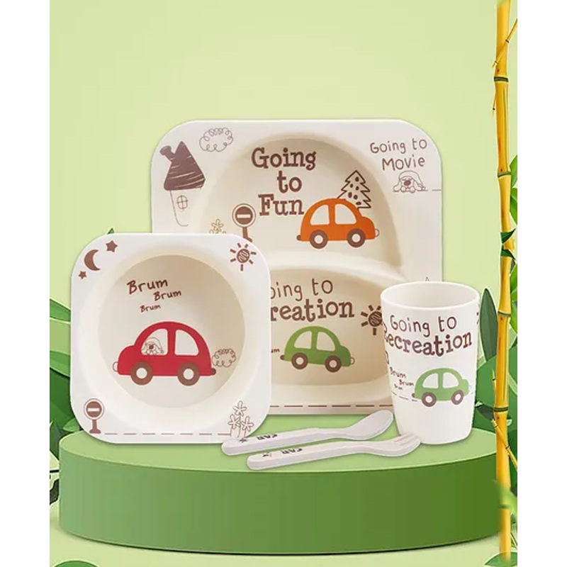 Tony Stark Bamboo Baby Feeding Set – 5-Piece Tableware for Toddlers, Kids & Babies Includes Plate, Bowl, Cup, Spoon, Fork – BPA-Free, Eco-Friendly |Organic & Natural (Car)