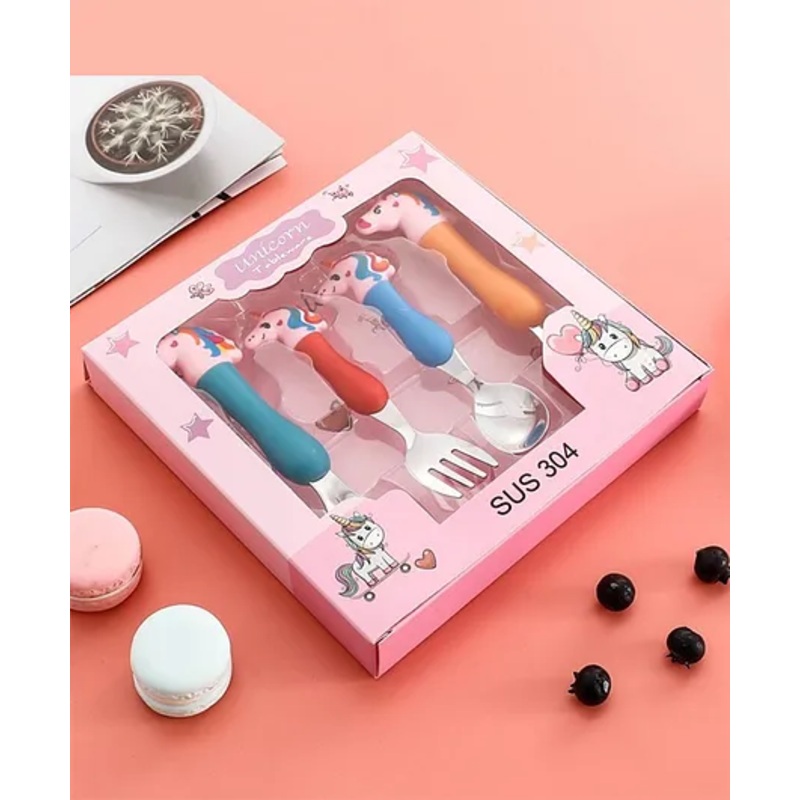 Unicorn Stainless Steel Baby Feeding Spoon and Fork Cutlery Set – Multicolor