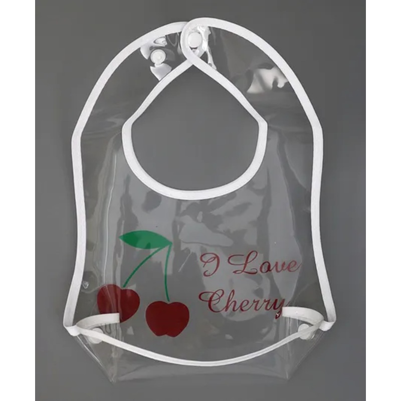 Yellow Bee PVC Clear Waterproof Baby Bib with Cherry Print and Spill-Catch Pocket for Girls- Transparent