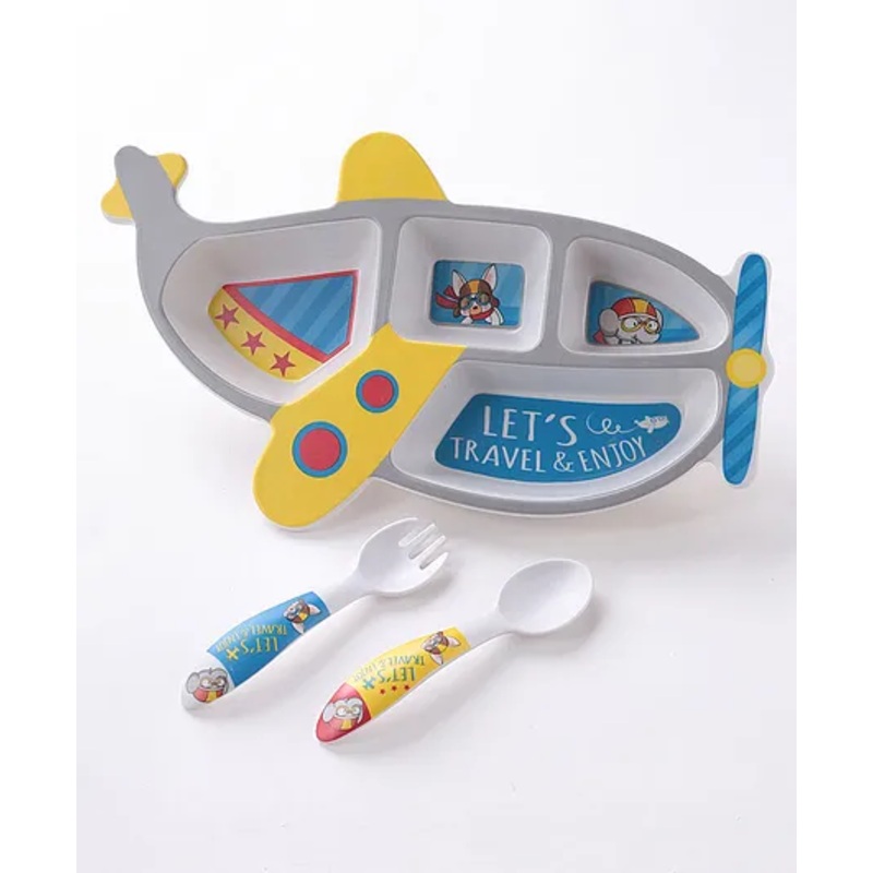 Aeroplane Shaped Section Plate With Spoon & Fork- Grey