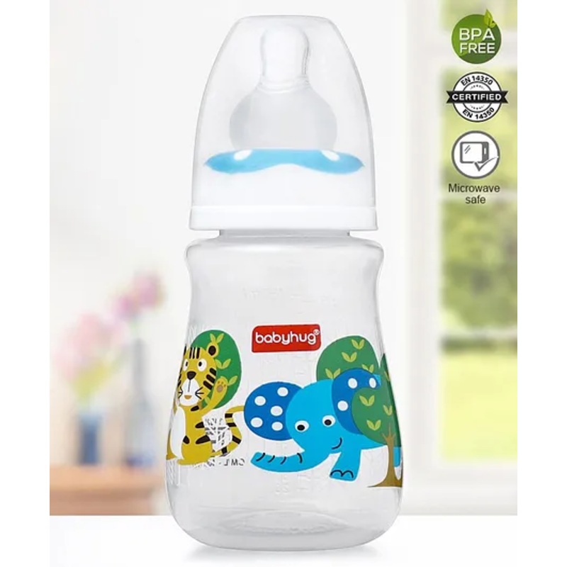 Babyhug Anti-Colic Sterilizable PP Feeding Bottle with Handle Blue  150 ml | BPA-Free | Leak-Resistant| Silicone | Mimics Natural Feeding