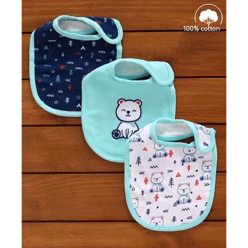 Babyhug Cotton Bibs Bear Embroidery Set of 3 – Blue & White
