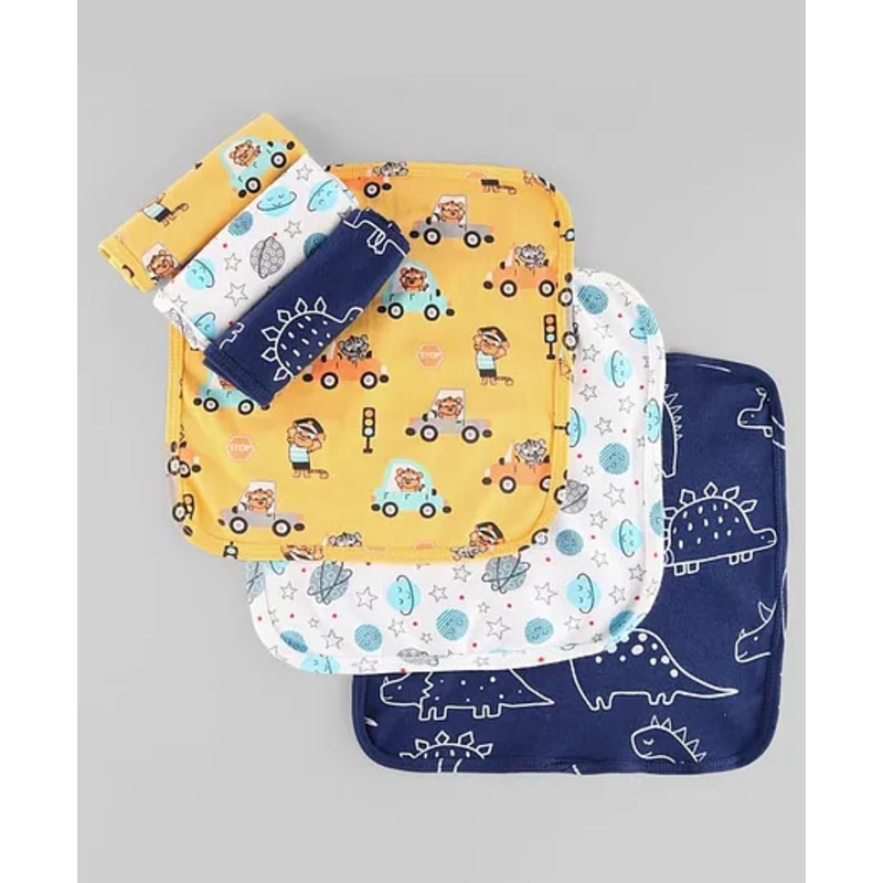 Babyhug Cotton Knit Wash Cloth with Animal & Vehicle Print Pack of 6 – Yellow White & Navy Blue