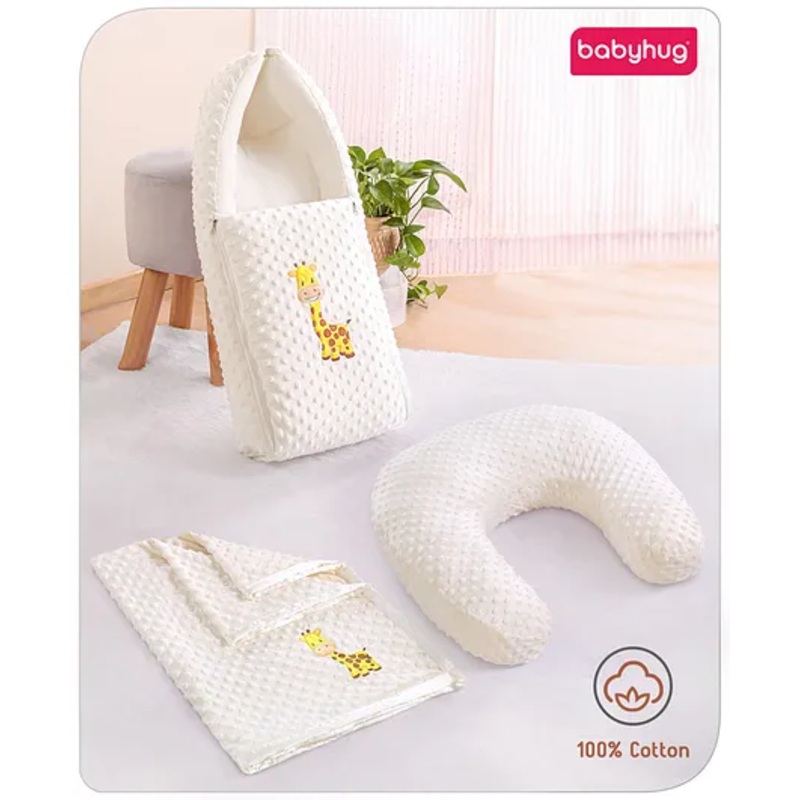 Babyhug Sleeping Bag Feeding Pillow & Blanket Combo Set with Giraffe Embroidery – White