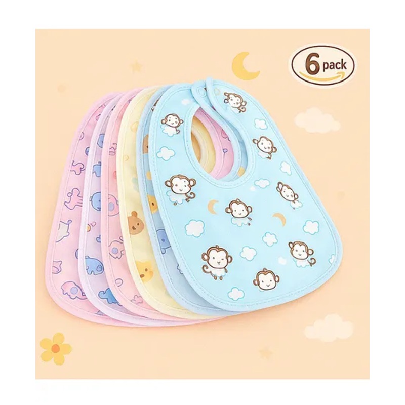 Badal Kidz Baby Soft Feeding Bib Apron Cute Multi Print with Tich Button – Multicolor (Pack Of 6)