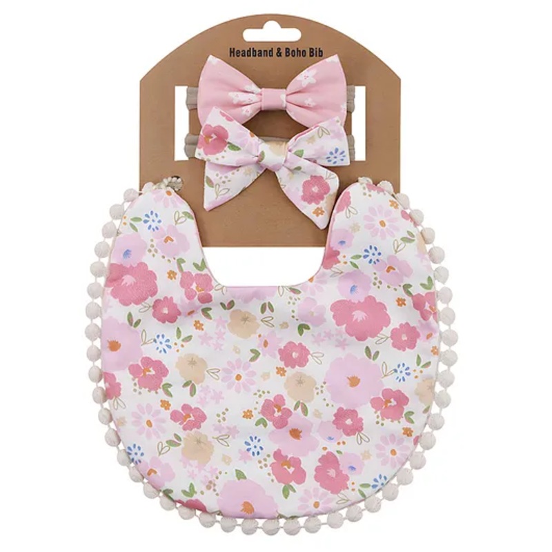 Bembika Baby Feeding Essential Baby Feeding Bib And Bow Floral- Pink
