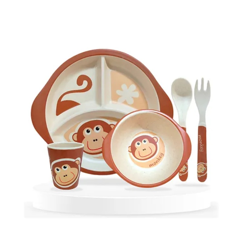 Bembika Baby Self Feeding Essential Baby Dinnerware Bamboo Fibre Dinner Set For Kids For Kids And Toddlers Monkey – Pack Of 5 (Brown)
