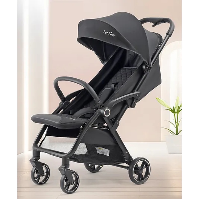 Bonfino Quick Fold Magic Stroller – Premium Melange Fabric, 5-Point Harness, Aluminium Frame, Black| Suspension| Linked Brake| Reclining Backrest and Adjustable Foot Rest| Integrated Trolley Handle| Self-standing When Folded