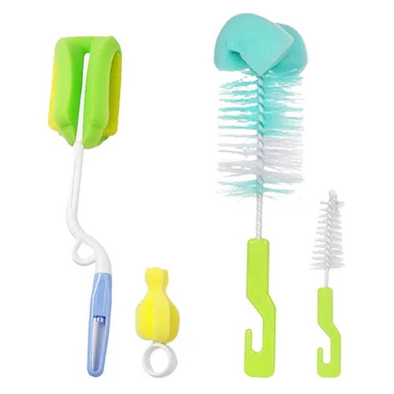Chinmay Kids 4 Pcs Baby Milk Bottle Brush Nipple Straw Cleaner Sponge Flexible Handle & Bristles Brush Cleaner Multipurpose – Green and Blue