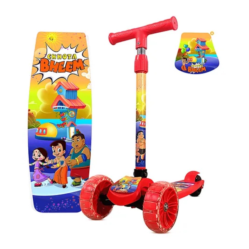 Kidsmate Chota Bheem Kick Scooter for Kids | 4-Level Height Adjustable & PVC Wheels | Non-Slip Wide Deck with Strong Push Brake Kids Scooter For Age 3+ Yrs | Max User Weight 50Kg – Red