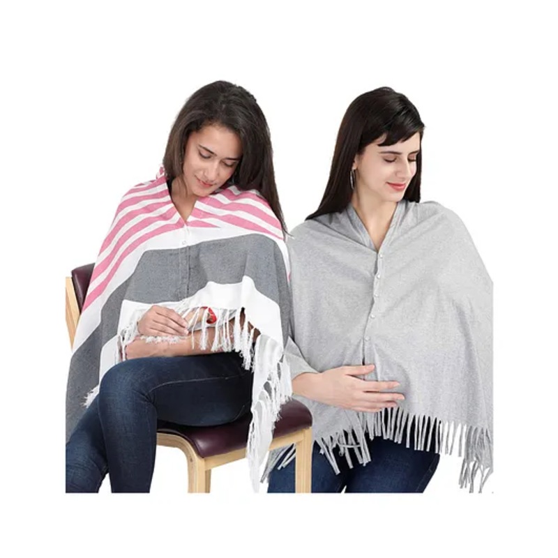 Lulamom Multi-Purpose Breast Feeding Nursing Shawl – Pack of 2 (Pink stripes & Grey melange solid)