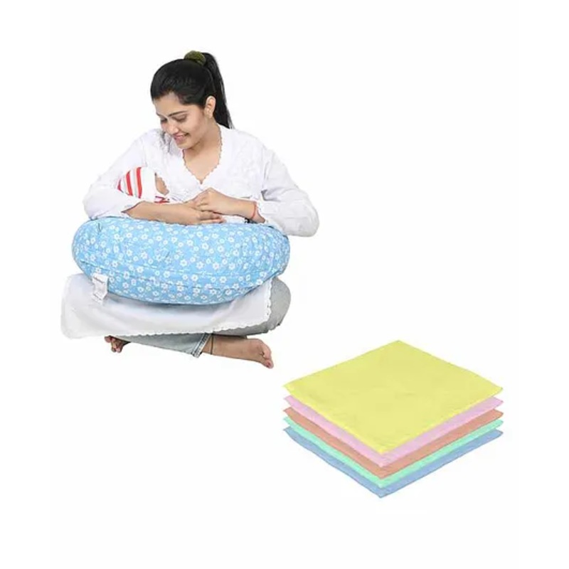Lulamom Nursing Pillow with Cover Floral Print & Muslin Napkin – Blue