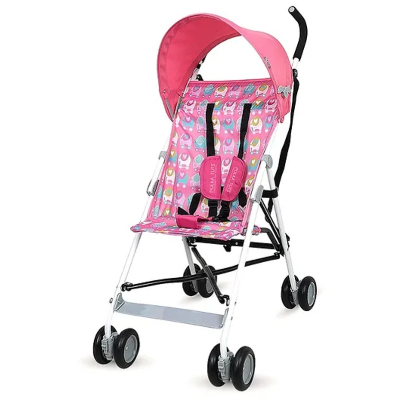 Polka Tots Easy Drift Baby Stroller (03 Years)  Foldable & Travel-Friendly Lightweight Pram with 5-Point Safety Harness & 360 Swivel Wheels, Elephant Design  Pink