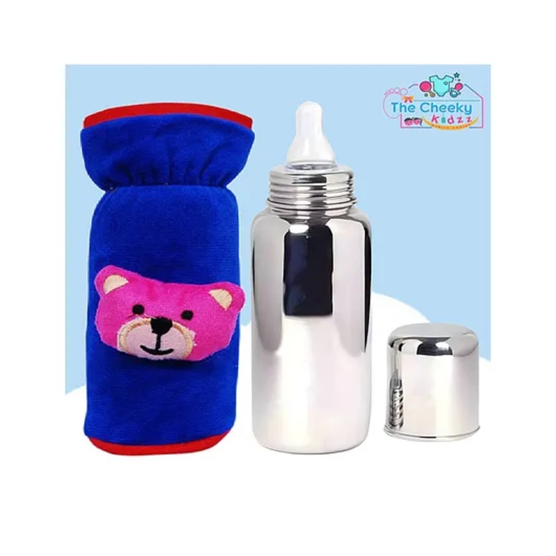 The Cheeky Kidzz Baby Stainless Steel Feeding 240ml Bottle Water Milk Juices Anti-Slip Feeder BPA Free With Cute Double Color Bottle Cover (DARK BLUE)