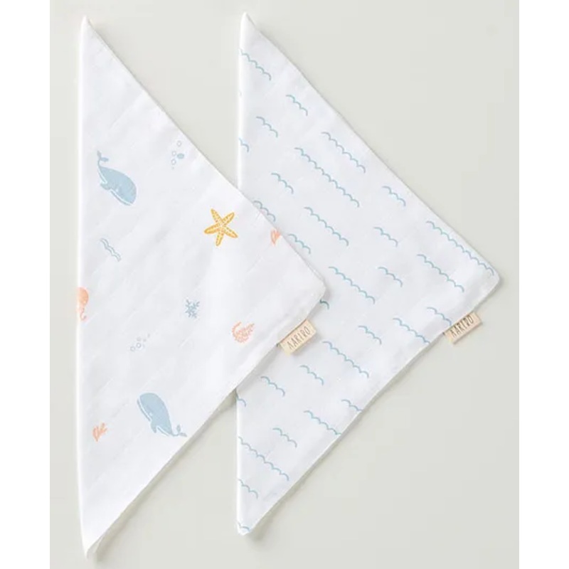 Aariro Organic Cotton Muslin Washcloth Under the Sea – White & Aqua Blue