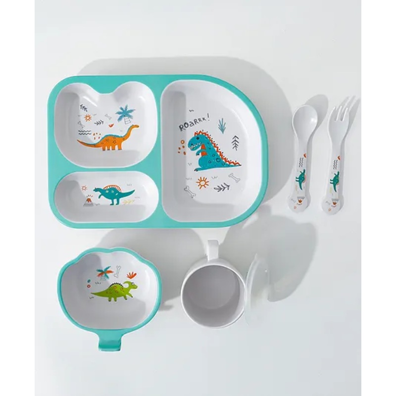 Bamboo Fibre Sectioned Feeding Set With Dino Print – Aqua Blue