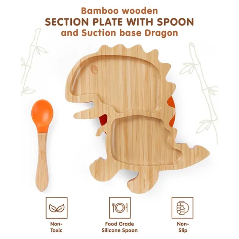 Dragon Shaped Bamboo Wooden 2 Compartment Section Plate with Spoon Suction Base – Beige & Orange