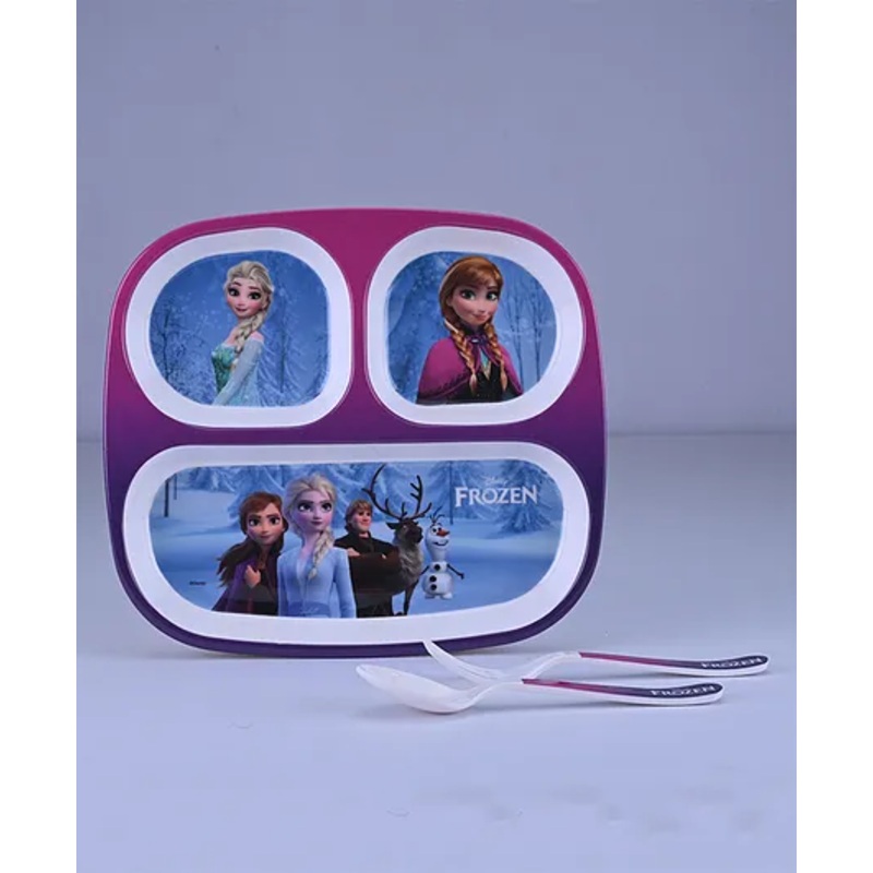 Servewell Frozen Theme 3 Section Rectangular Plate with Fork & Spoon – Purple (Color and design may vary)