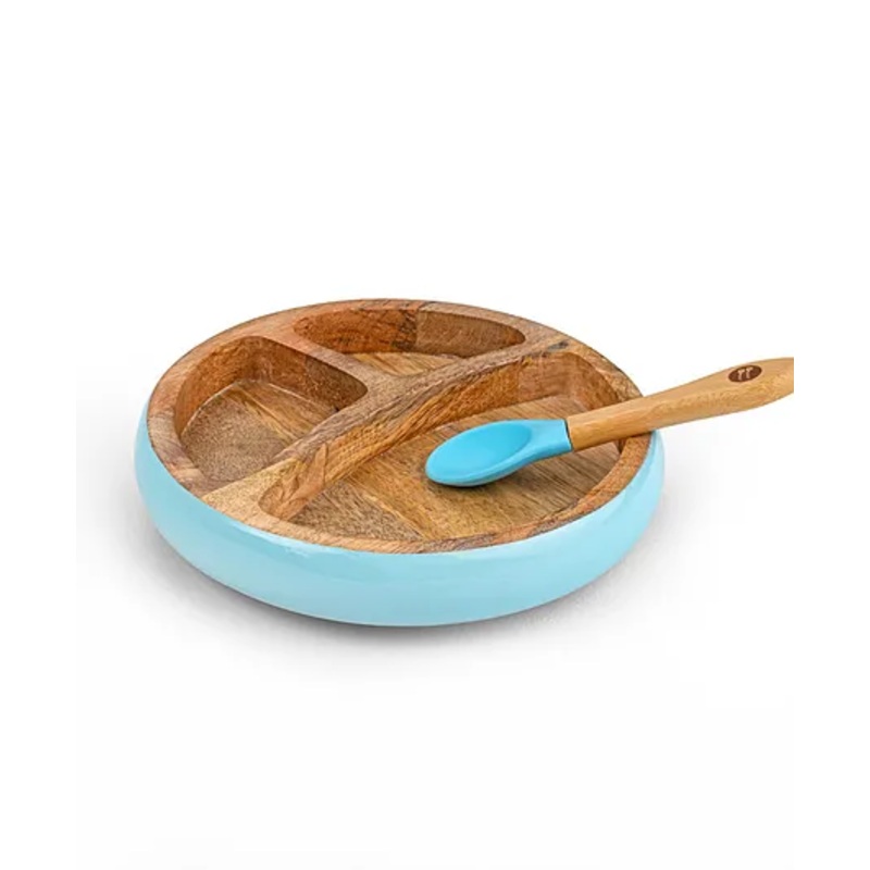 Taabartoli Wooden Round Plate with Silicone Suction and Spoon – Blue