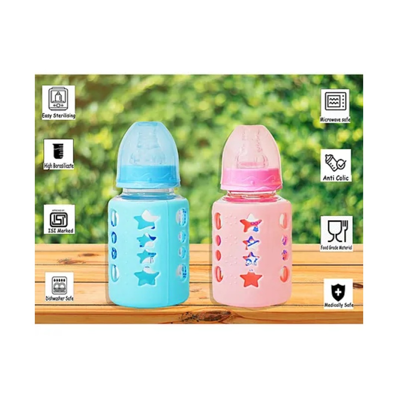 The Little Lookers High Borosilicate Glass Feeding Bottle with soft Flow control & Anti Colic Nipple Pack of 2 – Blue Pink