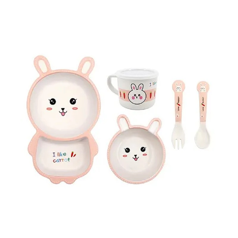 Vellique Cartoon Animal Monkey Bamboo Fiber Dinnerware Plate and Bowl Set for Kids Toddler Plate Bowl Cup Spoon Fork Eco Friendly Non Toxic Self Feeding Baby Utensil Set of 5 Pcs – Multicolor