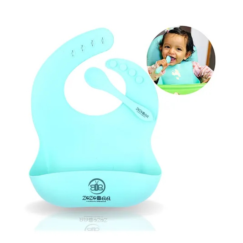 ZoZoBaa Silicone Baby Bib with Easy Grip Spoon For Feeding Toddlers|Waterproof & Reusable Bib with button for Infants |Soft, Light Weight, BPA Free, 1 Set, Mint Green
