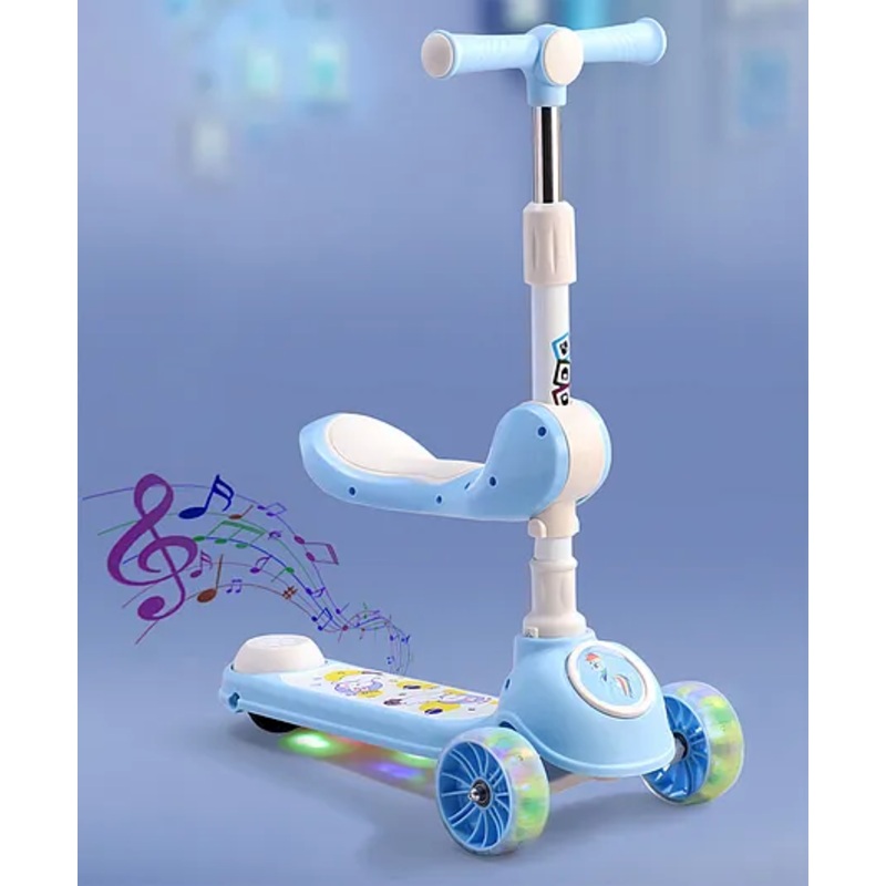 2 in 1 Kids 3 Wheel Kick Scooter – Blue| Foldable Seat with LED| 3 Level Adjustable Handle| Foldable Design| Toy for 3 to 10 Yrs Boys & Girls| Sport Gift| Physical Activity| Wide Deck| Lean-to-Steer