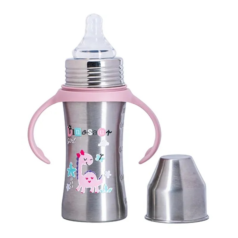 Adore Magnus! Premium Wideneck Stainless Steel Feeding Bottle with anti-colic teat and Handle 250ml- Pink Dino