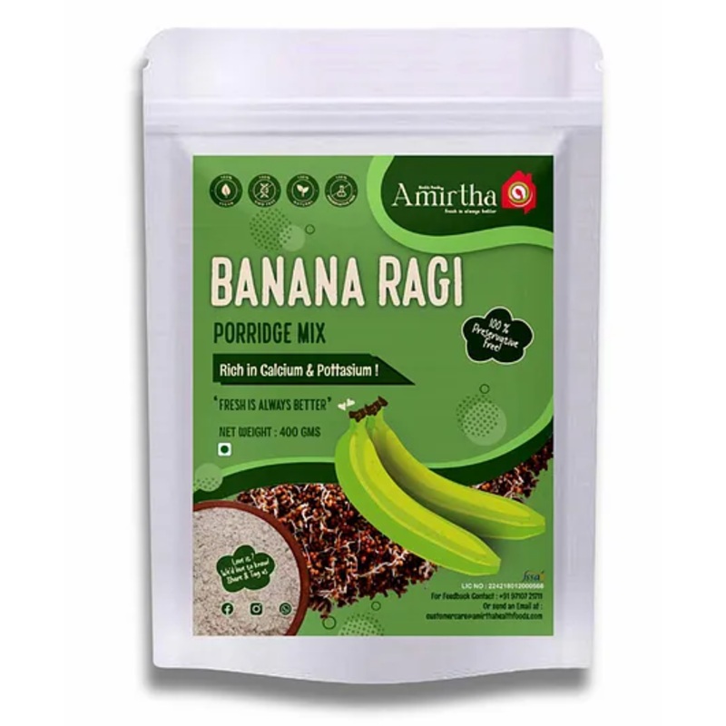Amirtha Health Foods – Nendran Banana Sprouted Ragi Mix- 400g | Calcium & Potassium | Non-Instant mix | Porridge, Puttu, Dosa, Rotis