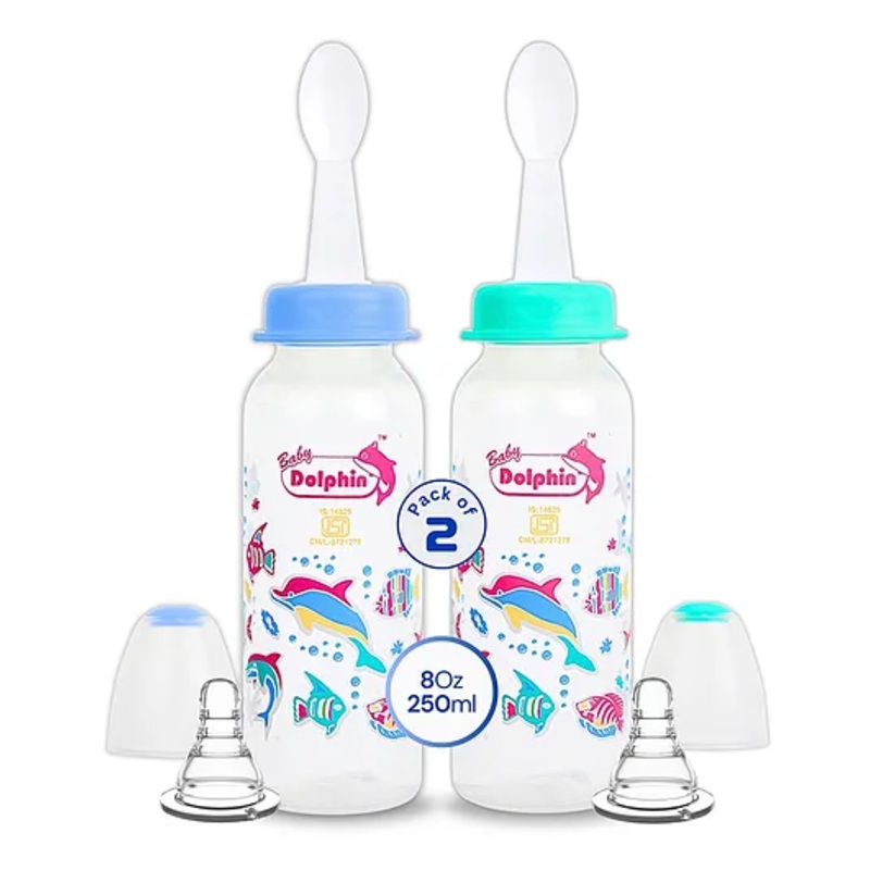 Baby Dolphin Anti-Colic Plastic Spoon Feeding Bottle | 250ml + 250ml | Pack of 2 | Liquid Silicone Nipple | BPA Free| Anti-Colic | Baby Spoon Feeder | Baby Milk Bottle | Blue & Green.