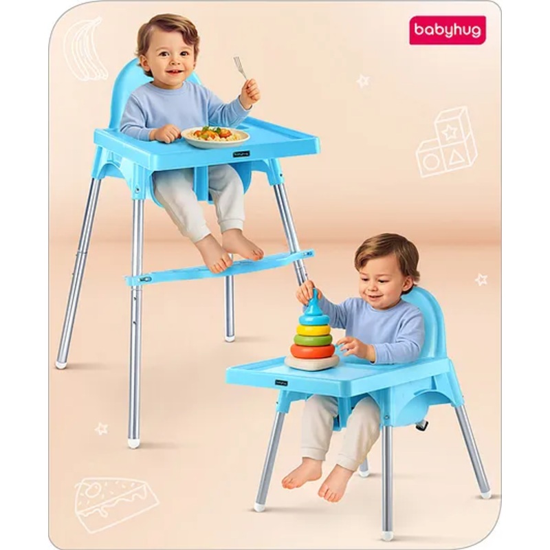 Babyhug Multi-functional Highchair & Convertible Feeding Chair | Removable Feeding Tray| Adjustable Footrest| Safety Harness| Anti-skid Base| Easy Assembly| Easy Cleaning| 6 Months to 3 Years – Blue
