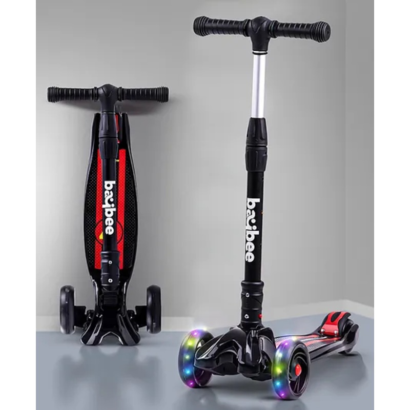 Baybee Skate Scooter with Height Adjustable Runner Scooter with LED PU Wheels & Brake – Black