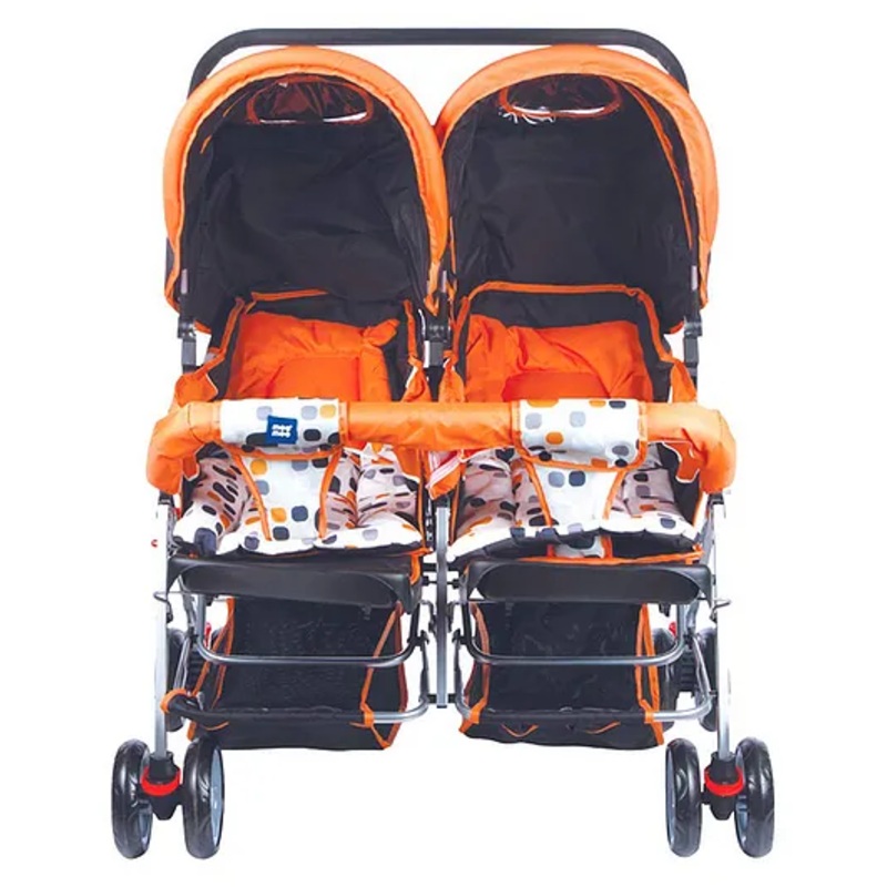 Mee Mee Twin Buggy Baby Stroller & Pram Easy Foldable with Adjustable Seating Positions| Age 0-3 yrs & Weight Upto 20 Kg with Swivel Wheel | 3 Point Safety Harness Belt with Comfortable Seats (Orange)