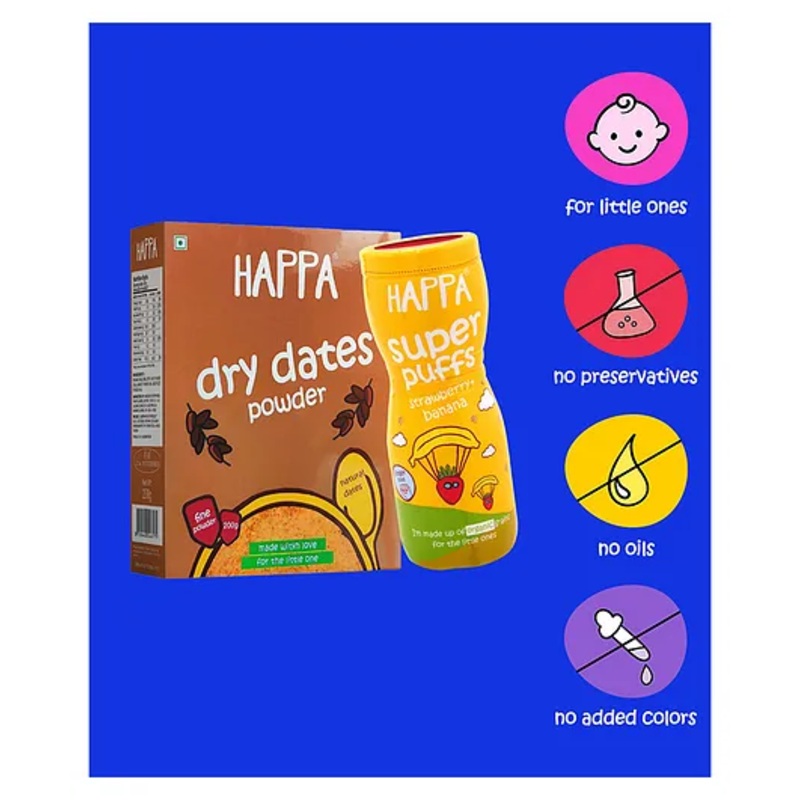Organic Happa Multigrain Strawberry Banana Puffs & Fine Dates Powder – Healthy Snack for Babies 8M+, 40g & 200g