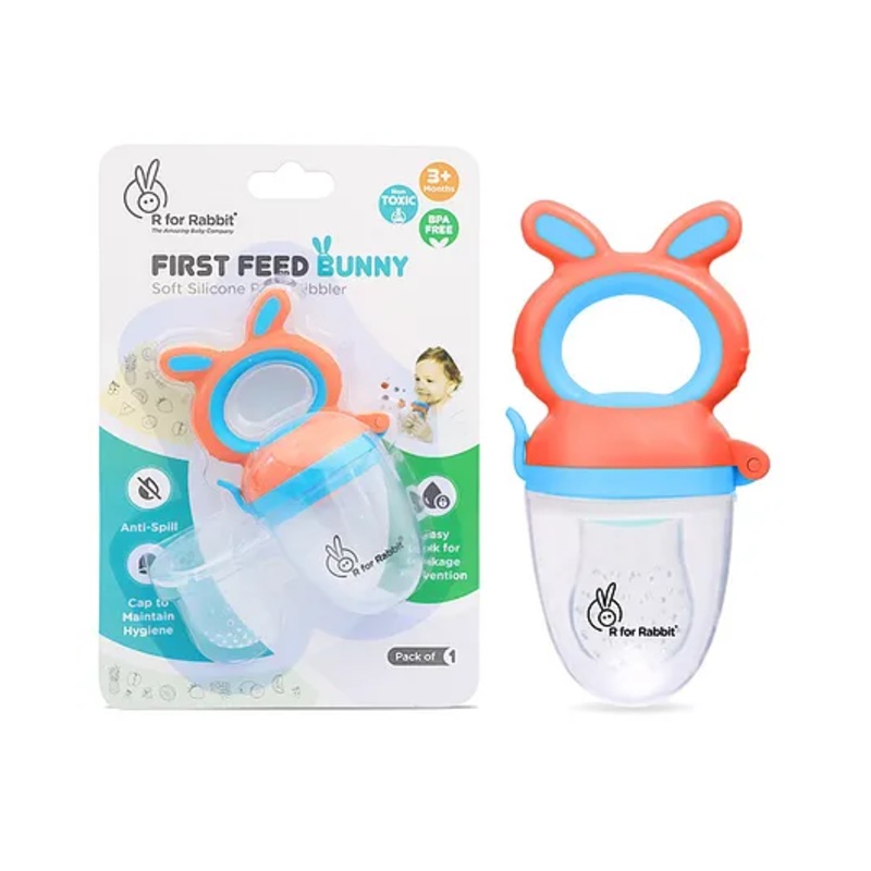 R for Rabbit First Feed Bunny Nibbler Soft Silicon Chewing Fruit Feeder for Babies | Baby Fruit & Food Veggie Teether |Hygenic & BPA Free | Pacifier for Infant 3+ Months (Orange-Blue)