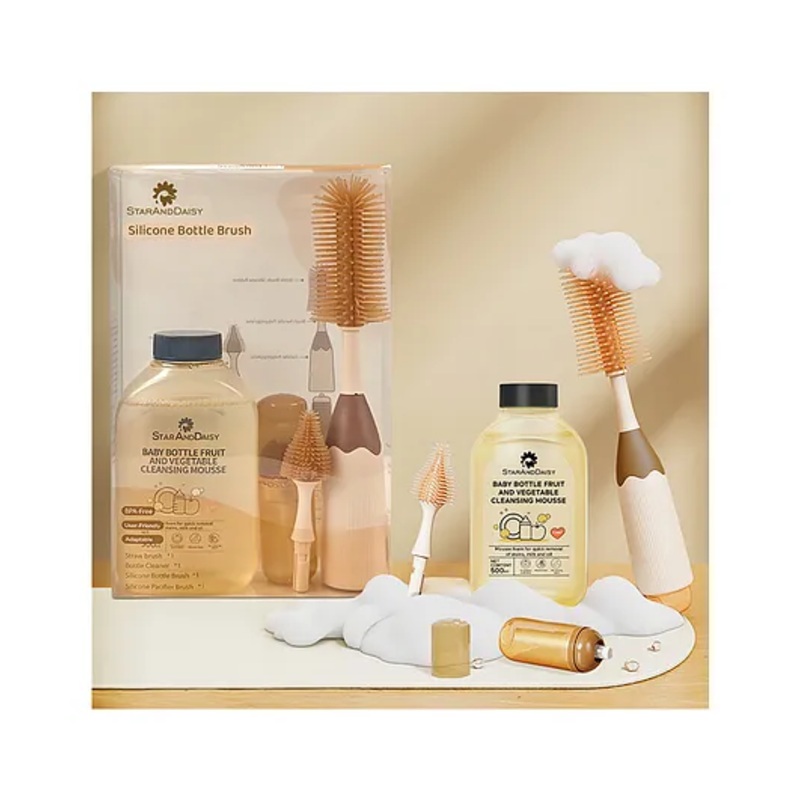 StarAndDaisy Baby Bottle Cleaning Brush Set with Silicone Bristle, 360 Cleaning Bottle Brush with 500 ml Bottle Cleaner & Long Handle, Easy to Clean Narrow & Wide Neck Bottles, Beige