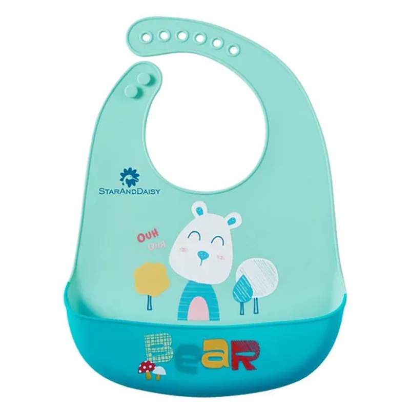 StarAndDaisy Reusable Silicone Bib for Baby with Adjustable Buttons for Mess-Free Feeding, Weaning, and Easy Cleaning and Waterproof (Printed-Bear-