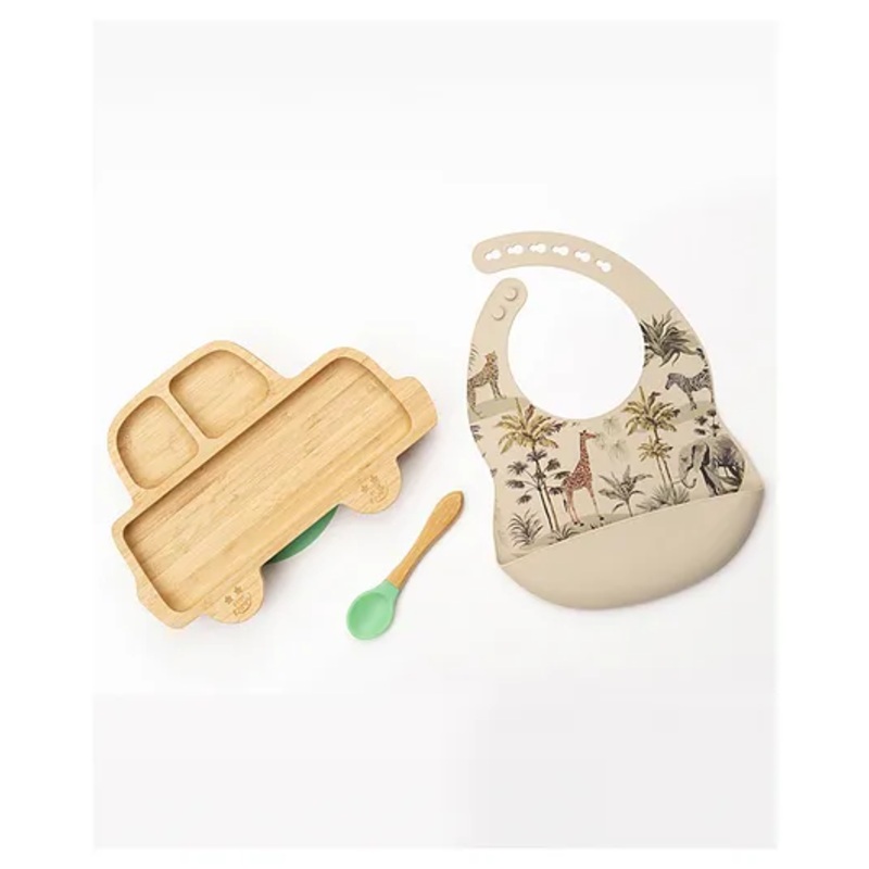 Starkiddo Rider Bamboo Suction Plates  with Adjustable Printed Bib and Weaning Spoon and Fork – Green Beige