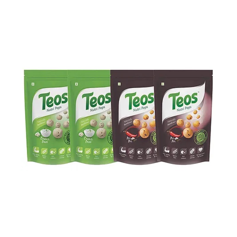 Teos Nutri Pops Roasted Makhana Snacks Cream and Onion & Piri Piri 4 x 65 g