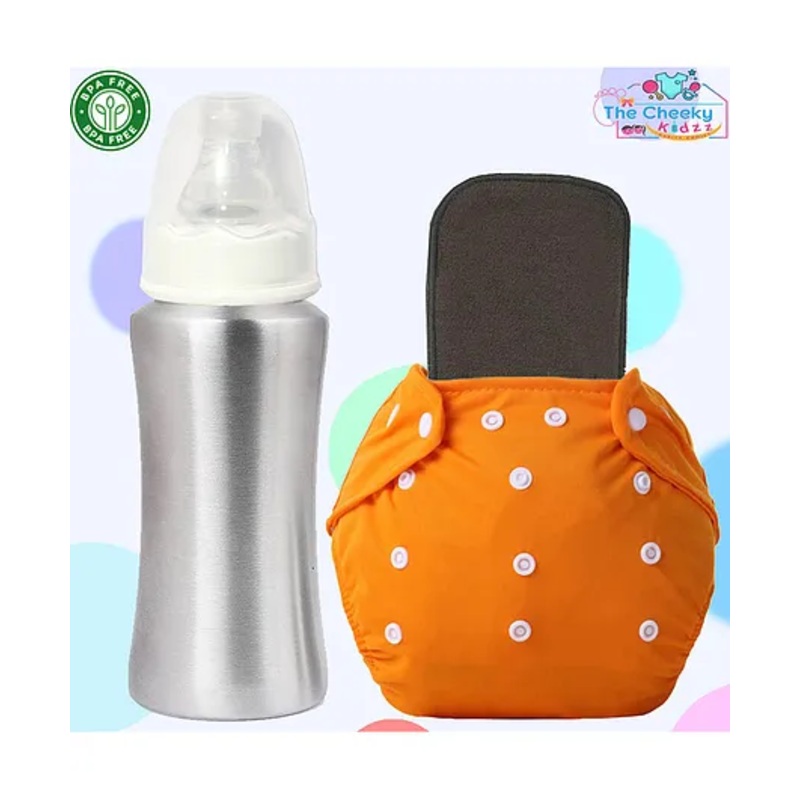 The Cheeky Kidzz Baby Stainless Steel 240ml Feeding Bottle With Essential Reusable Cloth Diaper Insert Combo(ORANGE)