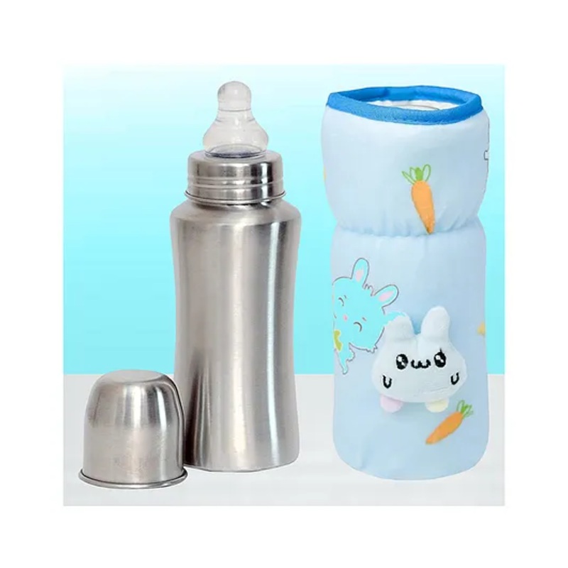 The Cheeky Kidzz Baby Stainless Steel 240ml Thermal Insulation Feeding Milk Liquids Feeder Bottle With Anti Colic Silicone Nipple BPA Free And Stretchable New Born Bottle Cover (SKY BLUE)