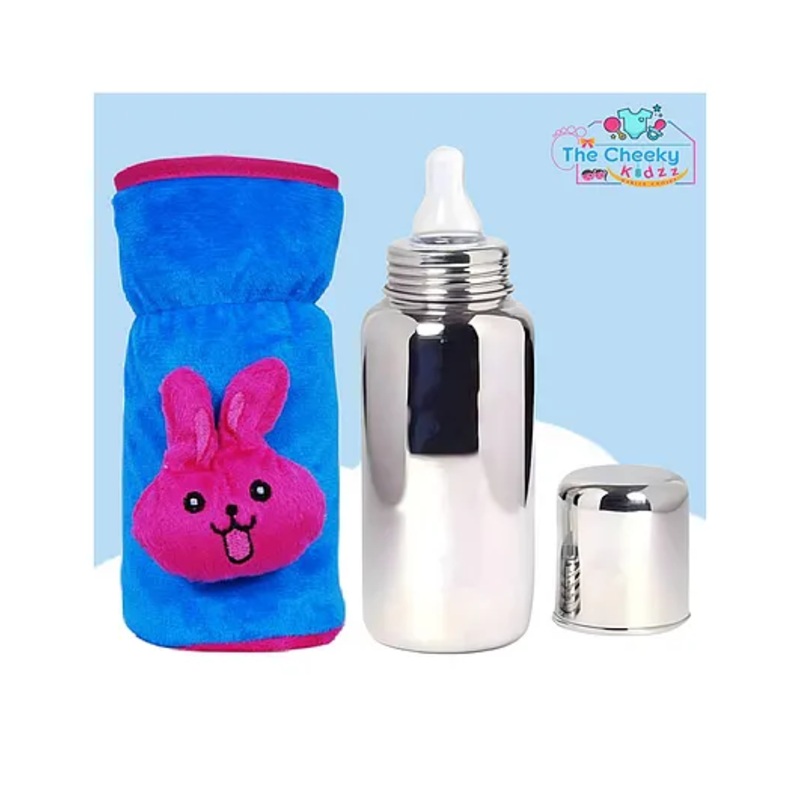 The Cheeky Kidzz Baby Stainless Steel Feeding 240ml Bottle Water Milk Juices Anti-Slip Feeder BPA Free With Cute Double Color Bottle Cover (LIGHT  BLUE)