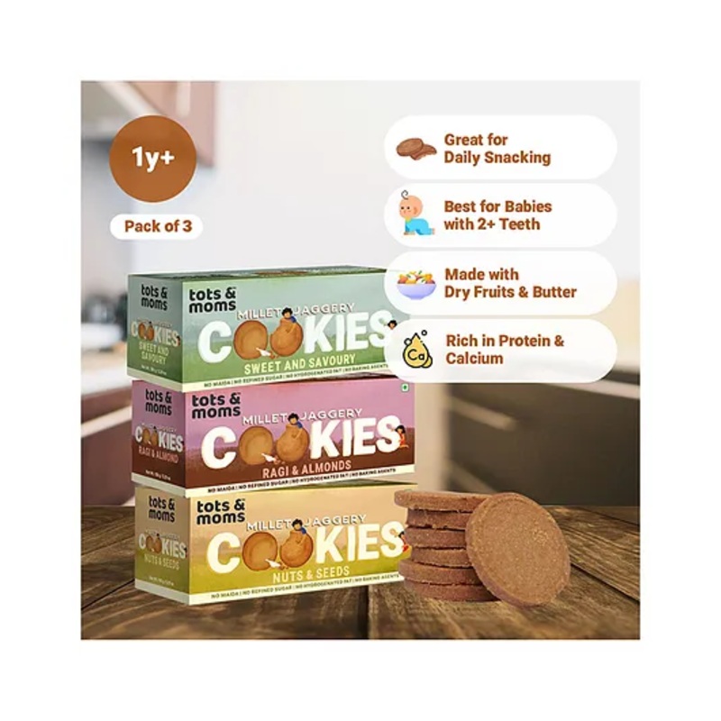 Tots & Moms Millet & Jaggery Cookies Ragi & Almonds Nuts & Seeds Sweet & Savory – 150 g Each