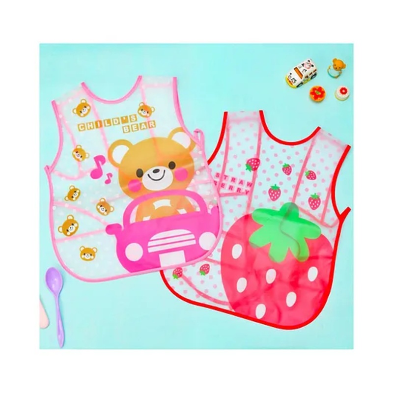 Yellow Bee Plastic Strawberry and Teddy Print Bib with Adjustable Closure- Set of 2 for Girls Red and Pink