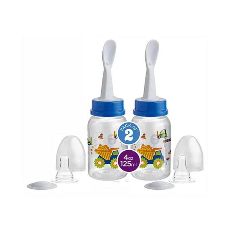 Beebaby 2 in 1 Gentle Slim Neck Baby Feeding Bottle with Nipple & Spoon Feeder Blue Pack of 2 – 125 ml Each