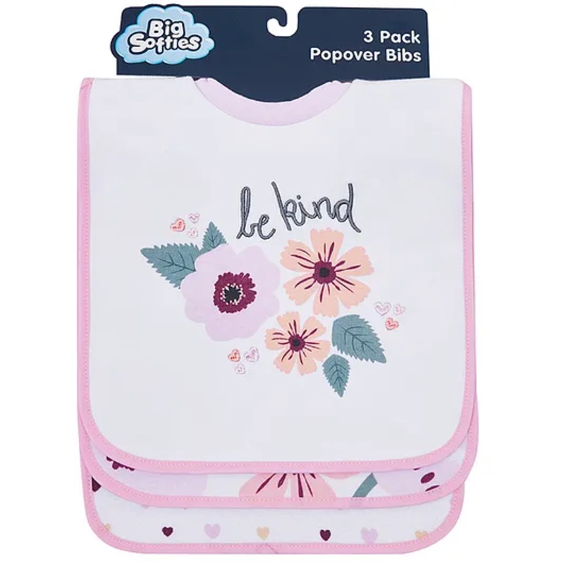 Big Softies Popover Bibs Printed & Applique Embroidery Soft Stretchable Rib Neck Blended Cotton Ultra Soft & Super Absorbent For Drooling, Teething & Feeding For Girls 6-36 Months Pack of 3-Floral