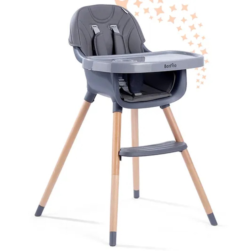 Bonfino Feaster 3-in-1 High Chair – Compact, Portable, Adjustable Tray, Dark Grey| Small Chair & Dining Chair Modes| 5-point Safety Harness| Dishwasher Safe Food Tray| Wooden Legs with Anti-skid Cap