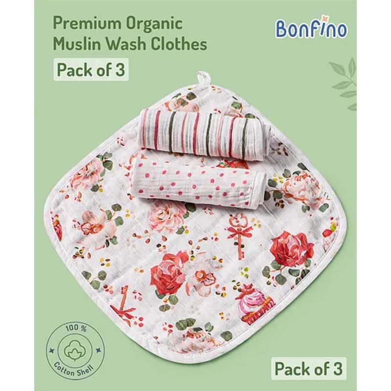 Bonfino Organic Muslin Wash Clothes Cupcake Print Set of 3 – Pink & White