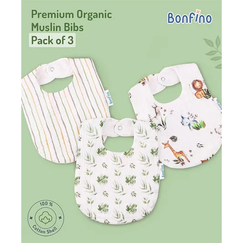 Bonfino Premium Organic Muslin Bibs African Safari Pack of 3 – Green & White| Soft and Hypoallergenic| Easy Snap Closure| Super Absorbent| Drooling, WashCloth, Travel & Burb Cleaning| Machine Washable