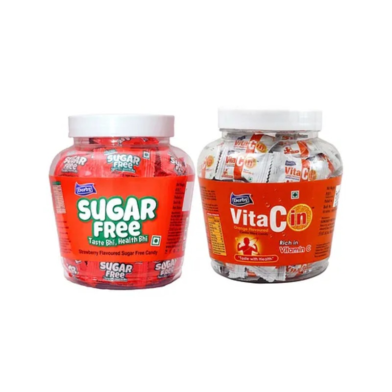 Derby Sugar Free Strawberry Candy Approx 115pcs 330gms and Vitacin Poly 100pcs 350gms  (Pack Of 2 )